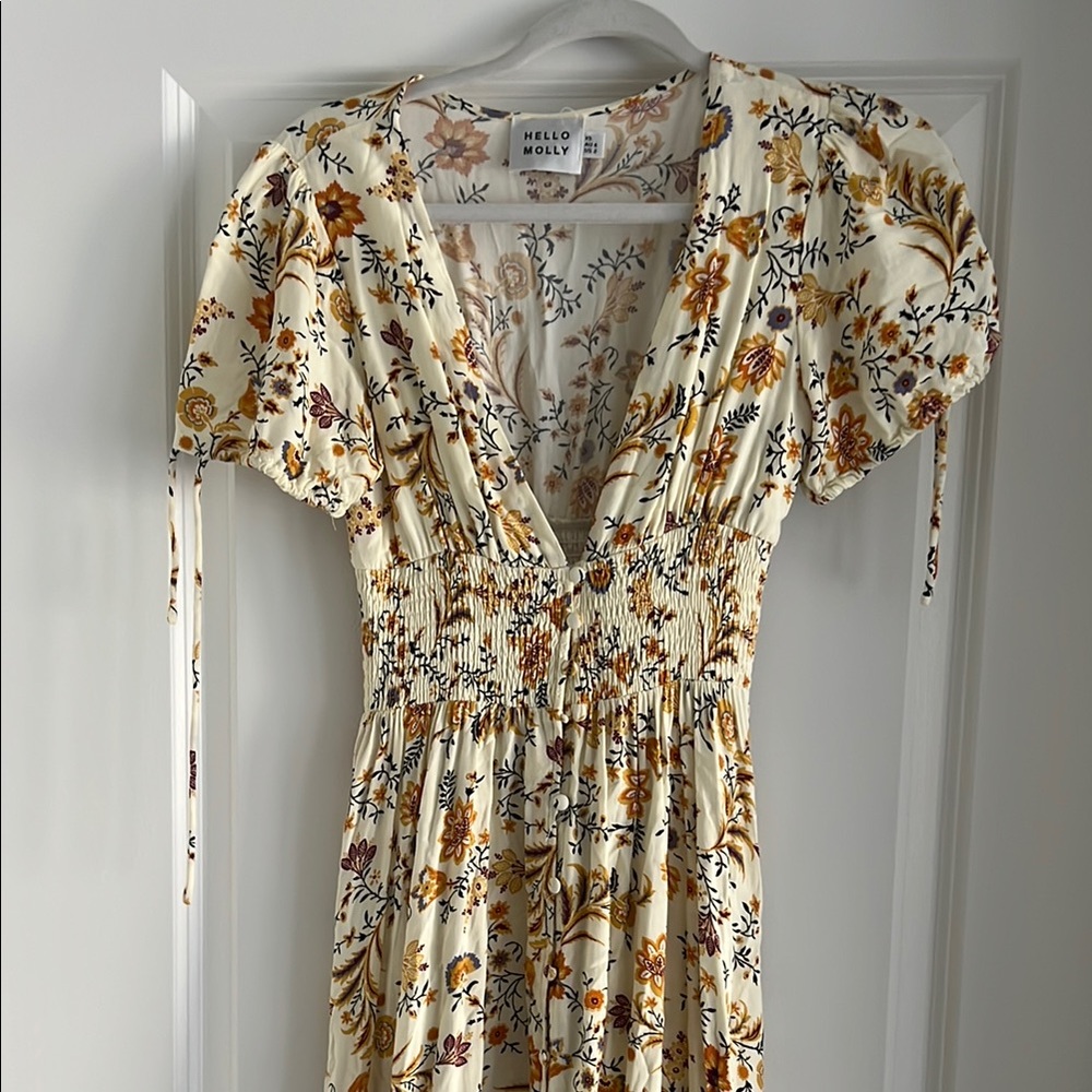Hello Molly Cream and Brown Midi Sundress with Puff Sleeves